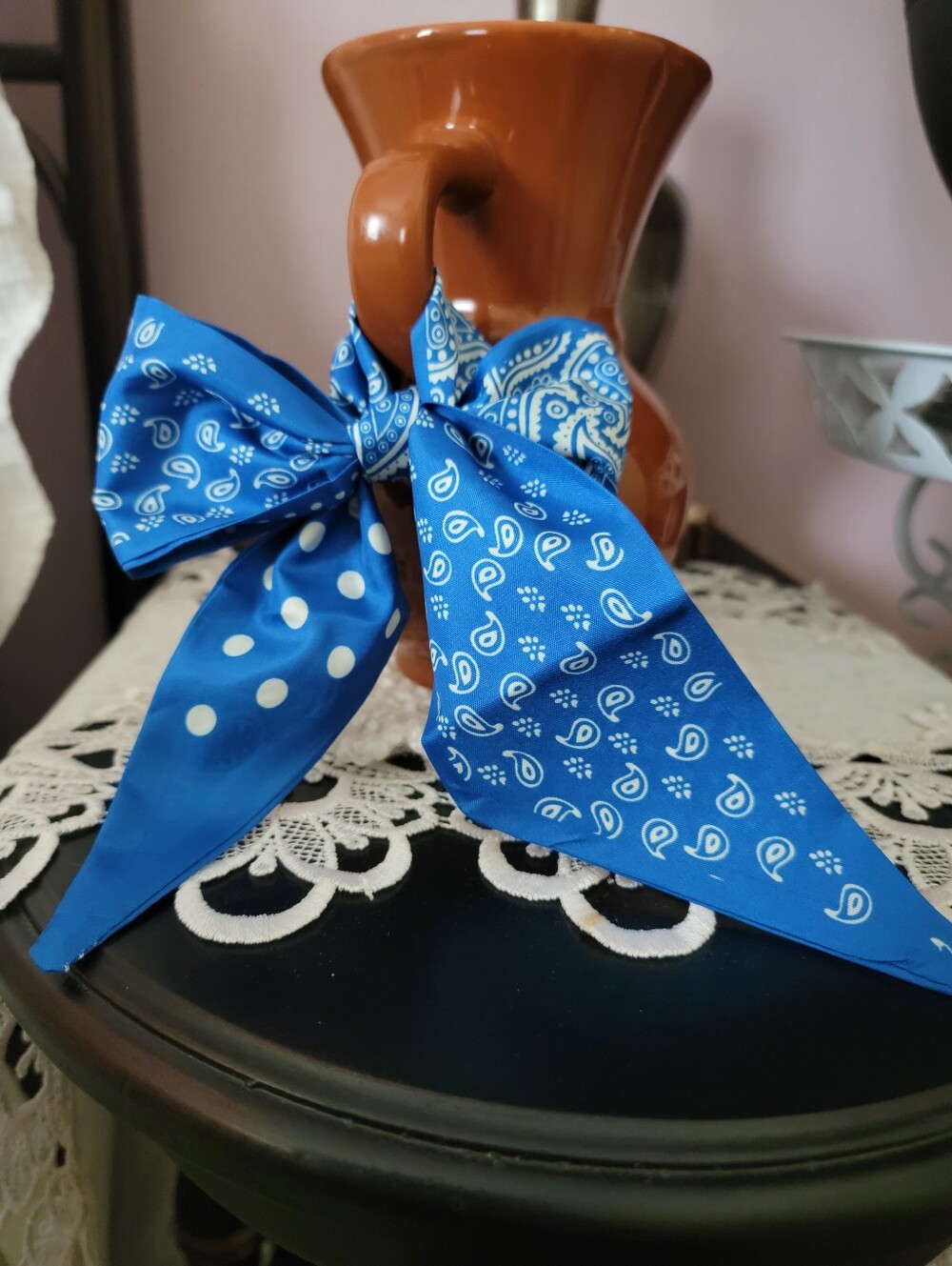 Blue Paisley & Polka Dot Hair Scarf Bow Twilly